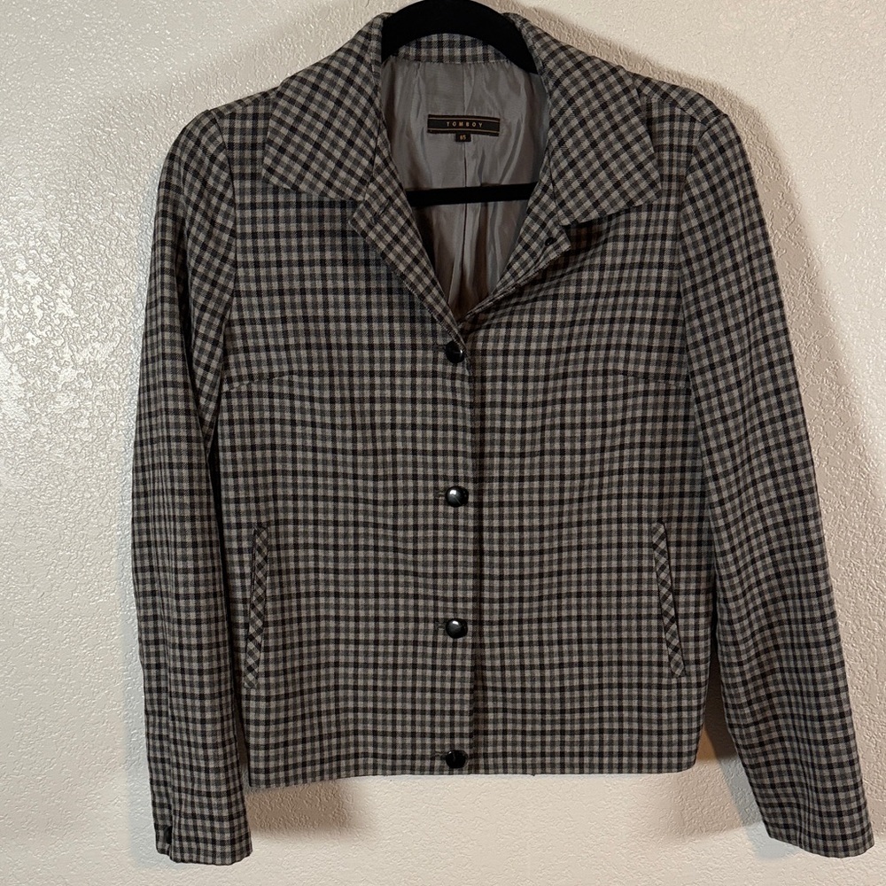 Tomboy Gray Gingham Plaid Wool Blazer Androgynous Size 85 (small?)